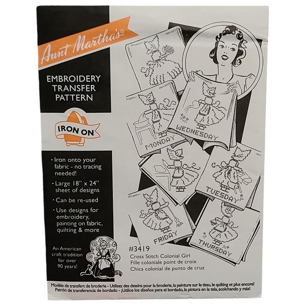 Aunt Martha's Cross Stitch Colonial Girl Iron-On Transfer Pattern 3419 Embroider